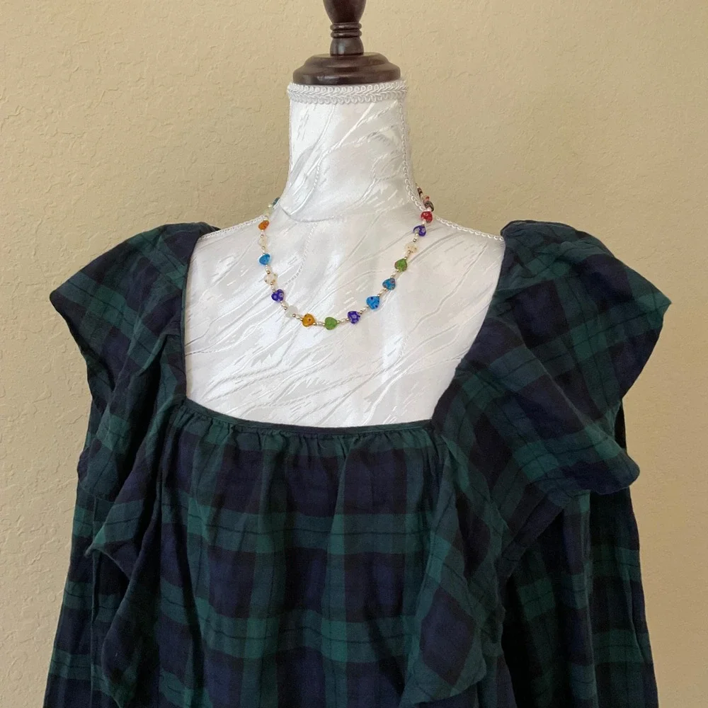 NWT J.Crew Womens XL Black Watch Plaid Ruffle Top Green Navy Square Neck Blouse